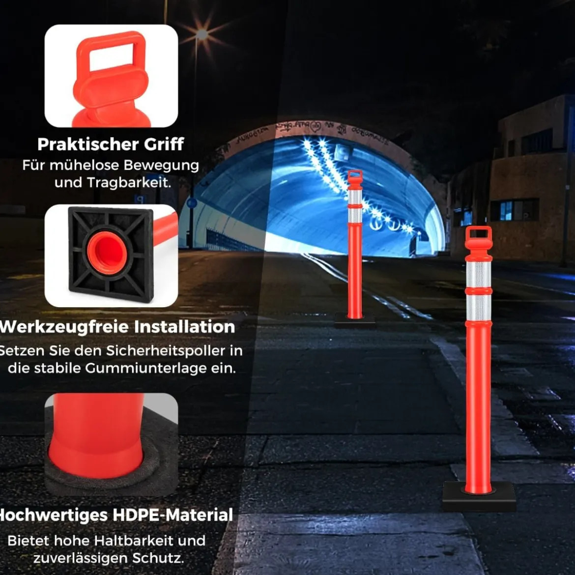 3 Stück Flexible Reflex Absperrpfosten mit Reflektierenden & Griff Sperrpfosten ohne Kette Rot