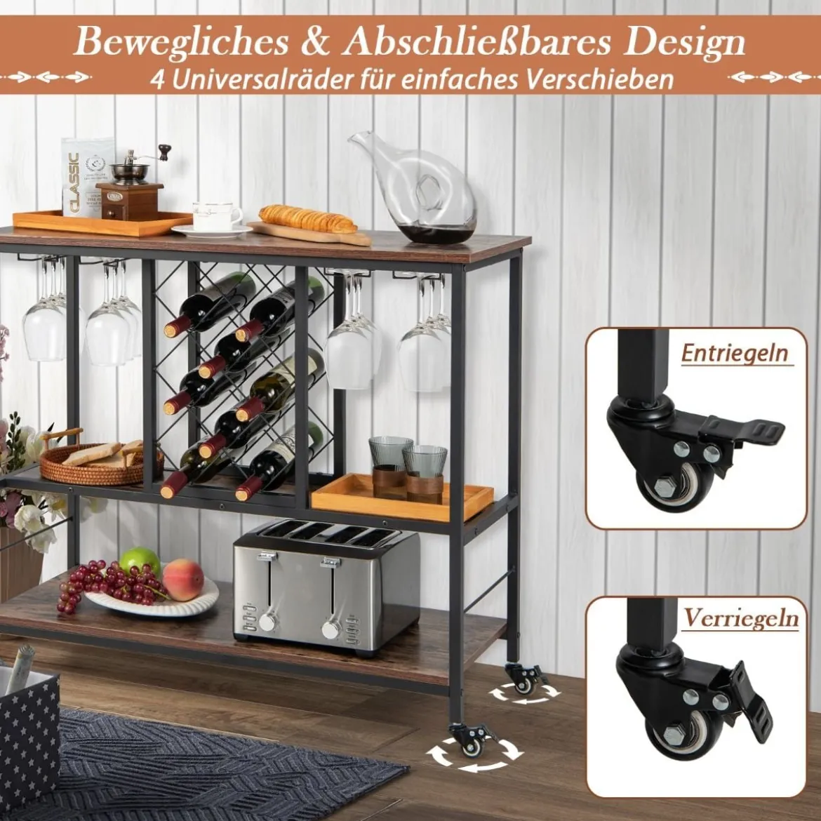 3-stöckige Hausbar Industrieller Servierwagen mit Weinregal 100 x 40 x 87 cm Braun + Schwarz