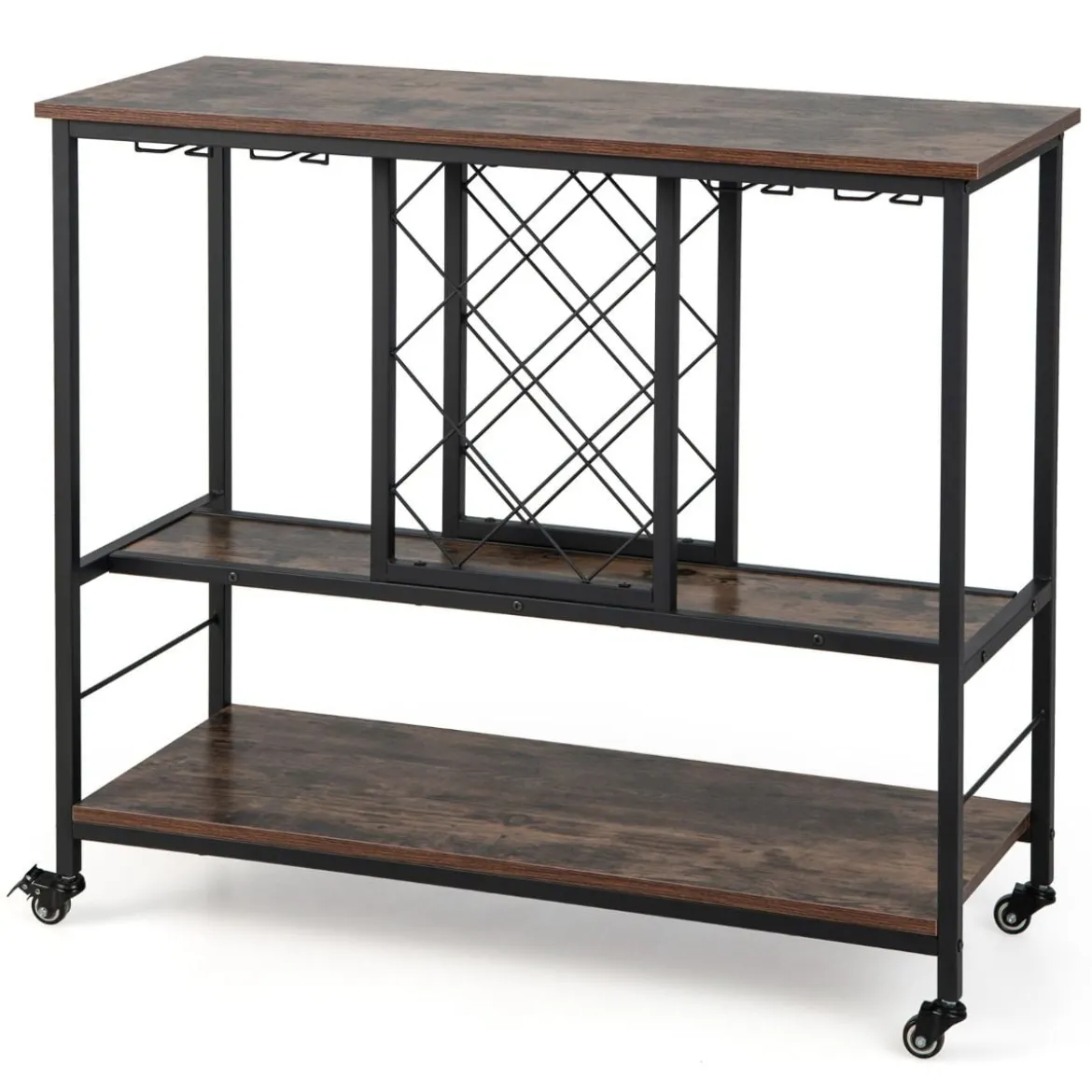 3-stöckige Hausbar Industrieller Servierwagen mit Weinregal 100 x 40 x 87 cm Braun + Schwarz