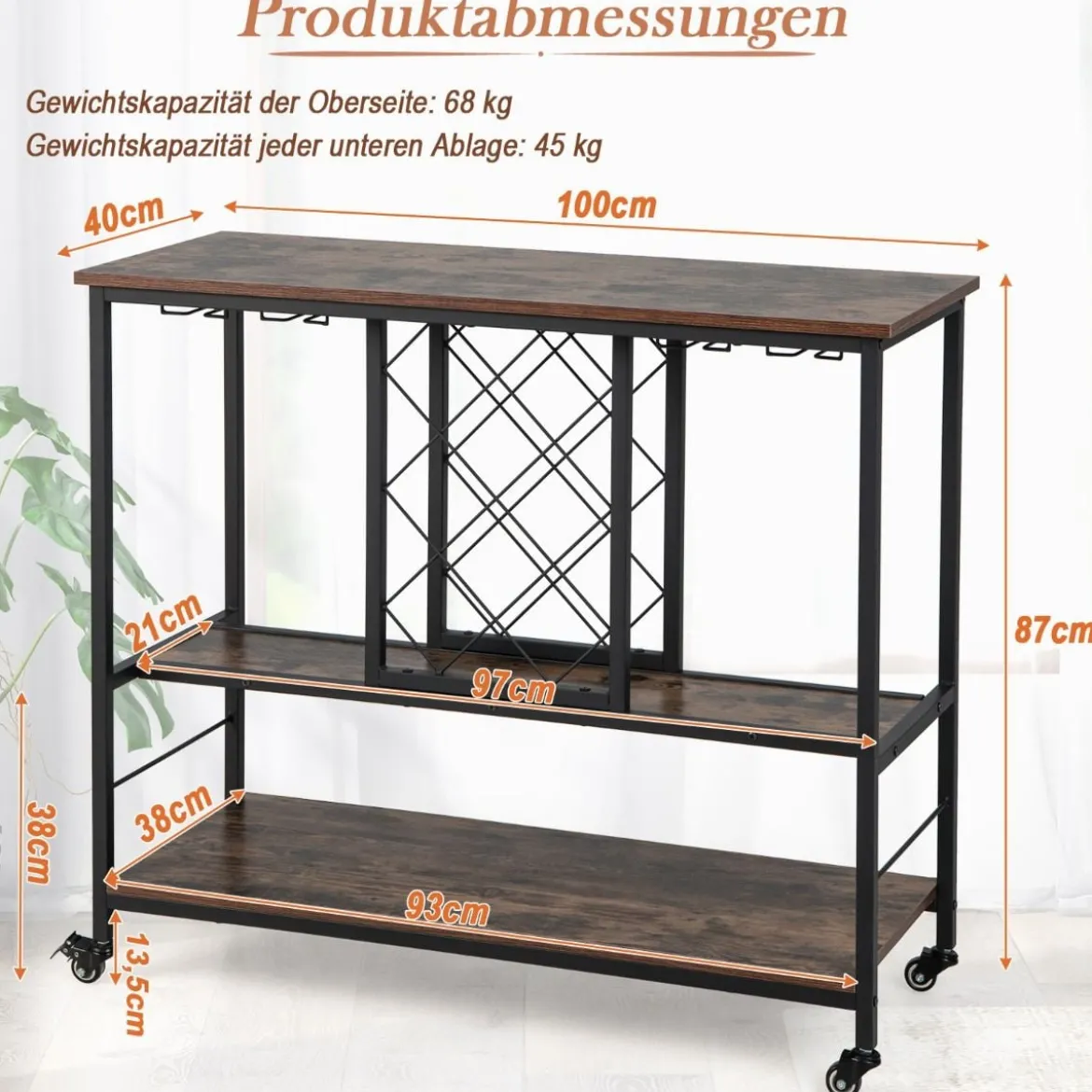 3-stöckige Hausbar Industrieller Servierwagen mit Weinregal 100 x 40 x 87 cm Braun + Schwarz