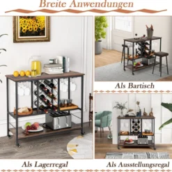 3-stöckige Hausbar Industrieller Servierwagen mit Weinregal 100 x 40 x 87 cm Braun + Schwarz