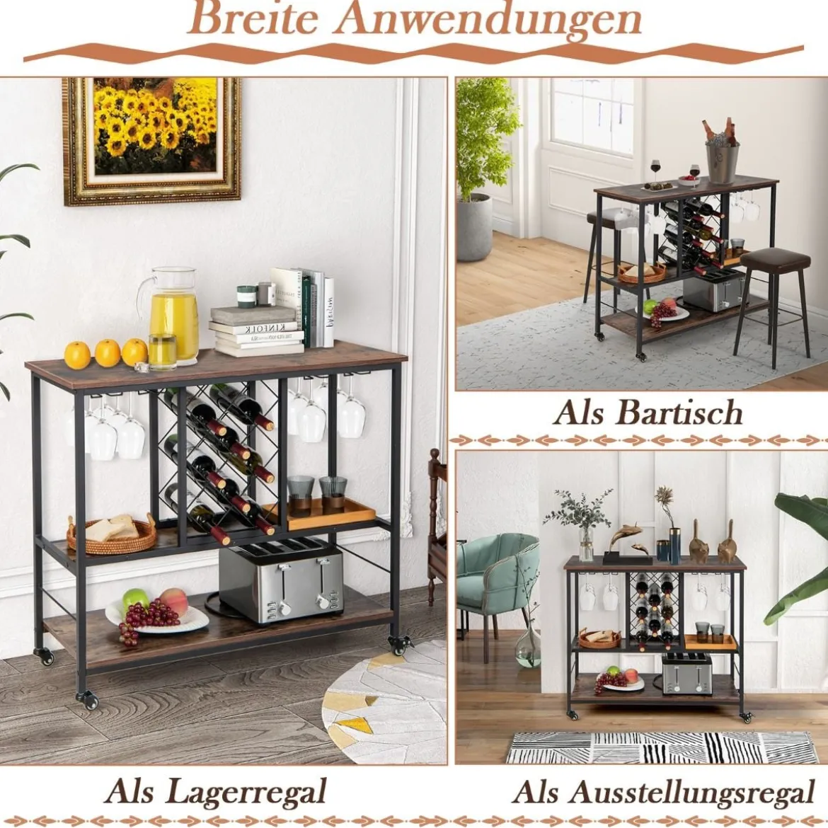 3-stöckige Hausbar Industrieller Servierwagen mit Weinregal 100 x 40 x 87 cm Braun + Schwarz
