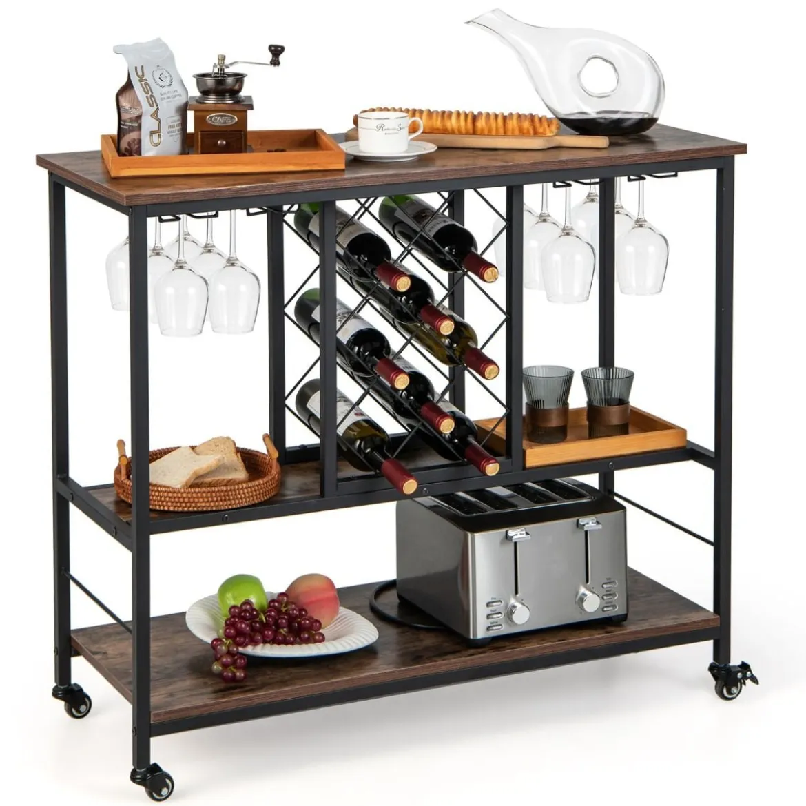 3-stöckige Hausbar Industrieller Servierwagen mit Weinregal 100 x 40 x 87 cm Braun + Schwarz