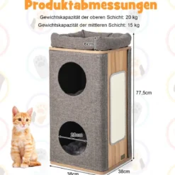 3-stöckige Katzenhöhle mit Kratzbrett & 3 Matten Spieltonne für Katzen bis 20 kg Grau + Natur