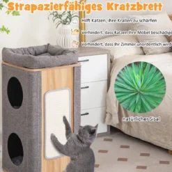 3-stöckige Katzenhöhle mit Kratzbrett & 3 Matten Spieltonne für Katzen bis 20 kg Grau + Natur