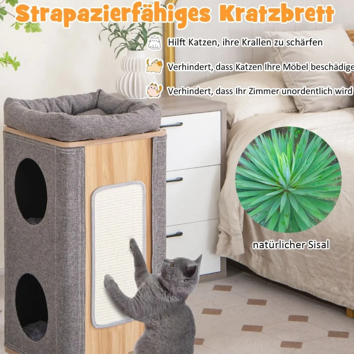 3-stöckige Katzenhöhle mit Kratzbrett & 3 Matten Spieltonne für Katzen bis 20 kg Grau + Natur