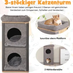3-stöckige Katzenhöhle mit Kratzbrett & 3 Matten Spieltonne für Katzen bis 20 kg Grau + Natur