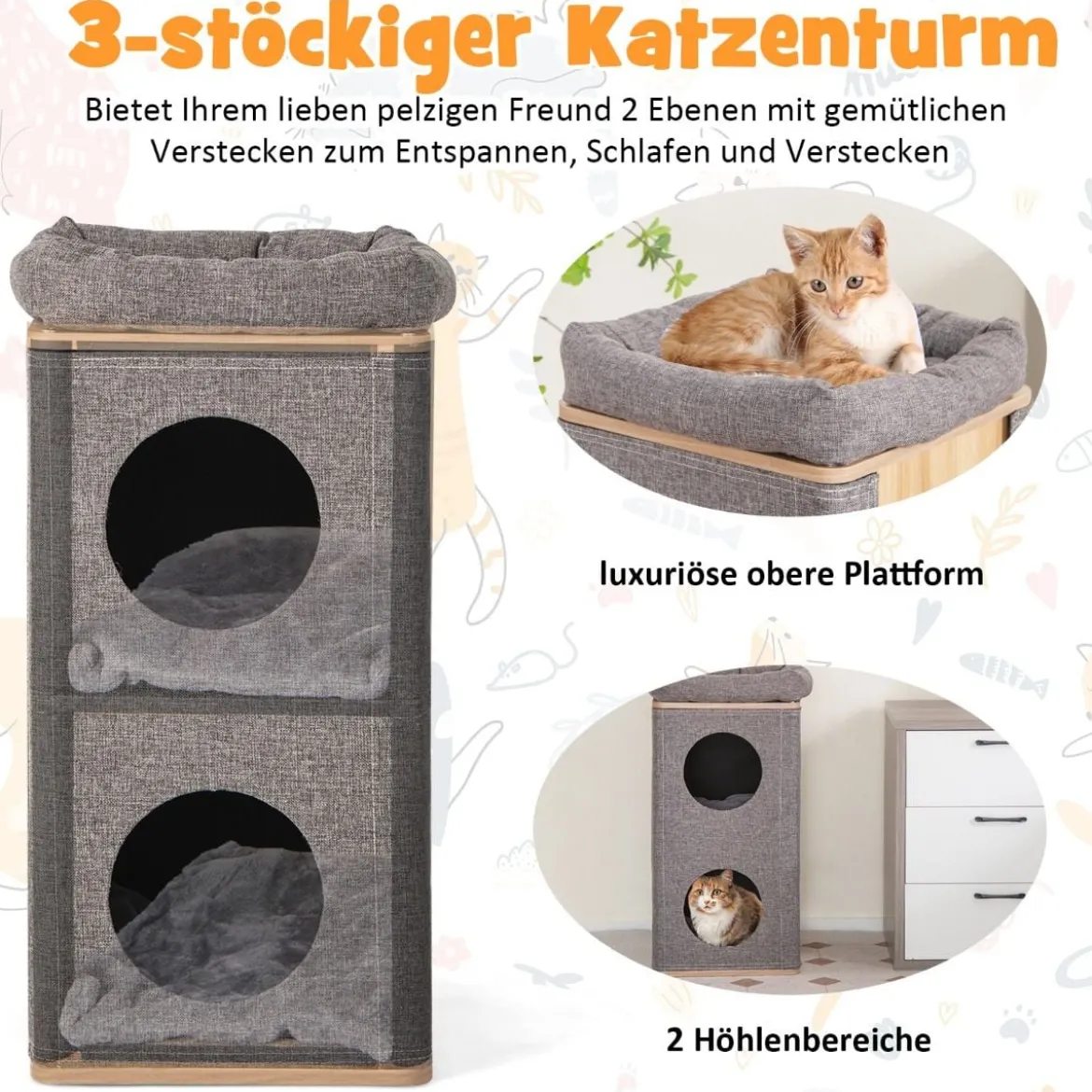 3-stöckige Katzenhöhle mit Kratzbrett & 3 Matten Spieltonne für Katzen bis 20 kg Grau + Natur