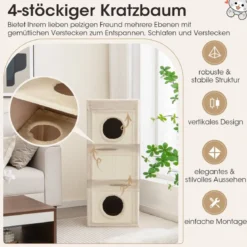 4-stöckige Kratztonne mit 3 Katzenhöhlen & Kissen Kratzbaum für Katzen bis 25 kg Spieltonne Natur