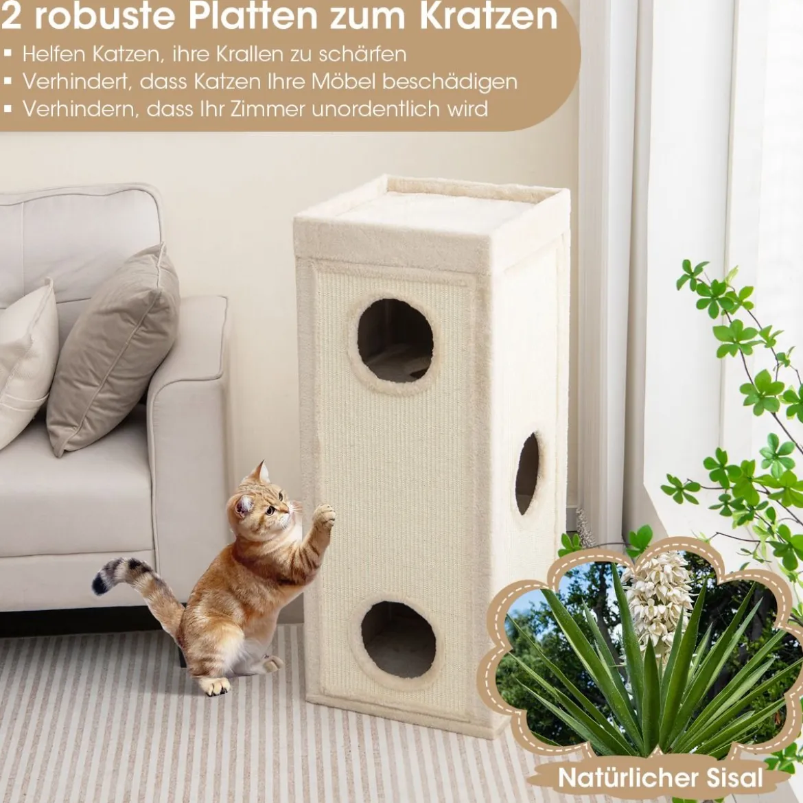 4-stöckige Kratztonne mit 3 Katzenhöhlen & Kissen Kratzbaum für Katzen bis 25 kg Spieltonne Natur