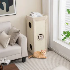 4-stöckige Kratztonne mit 3 Katzenhöhlen & Kissen Kratzbaum für Katzen bis 25 kg Spieltonne Natur