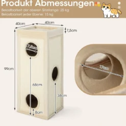 4-stöckige Kratztonne mit 3 Katzenhöhlen & Kissen Kratzbaum für Katzen bis 25 kg Spieltonne Natur