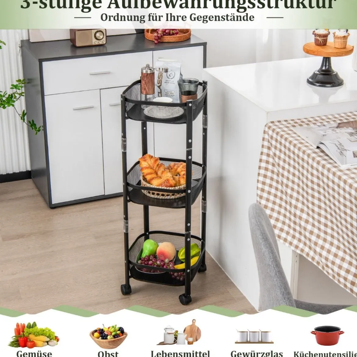 3-Stöckiger Allzweck-Rollwagen Obst- oder Gemüsekorbständer 37,5 x 37,5 x 87 cm Schwarz