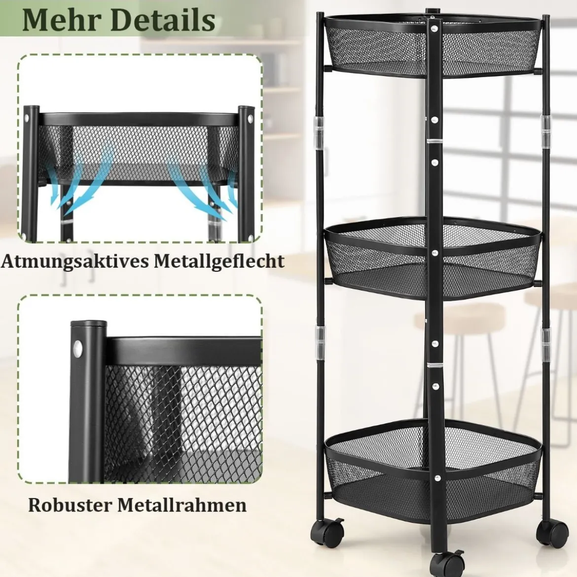 3-Stöckiger Allzweck-Rollwagen Obst- oder Gemüsekorbständer 37,5 x 37,5 x 87 cm Schwarz