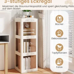 3-stöckiger Bücherregal 360° drehbares Standregal mit rutschfesten Fußpolster klappbares Aufbewahrungsregal Weiß