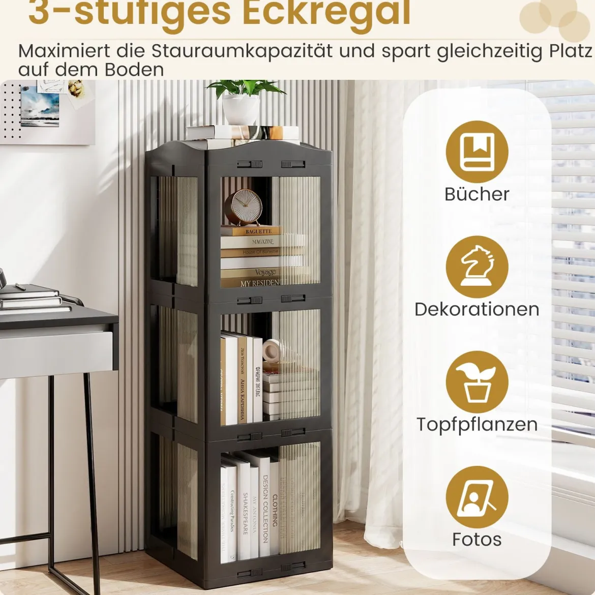3-stöckiger Bücherregal 360° drehbares Standregal mit rutschfesten Fußpolster klappbares Aufbewahrungsregal Schwarz