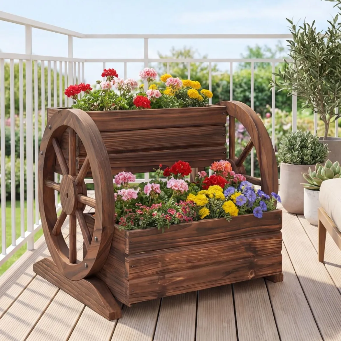 2-stöckiger Blumenkasten holz rustikale Holzwagen-Pflanzkübel mit Ablauflöchern Kaffee