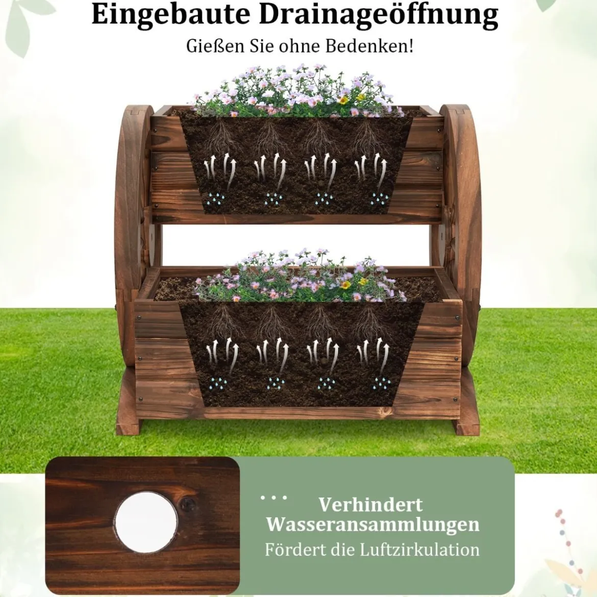 2-stöckiger Blumenkasten holz rustikale Holzwagen-Pflanzkübel mit Ablauflöchern Kaffee
