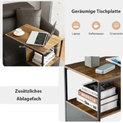 2-Stöckiger C-förmiger Beistelltisch mit Holzregal & Stahlrahmen für Wohn- / Schlafzimmer Eiche+Schwarz