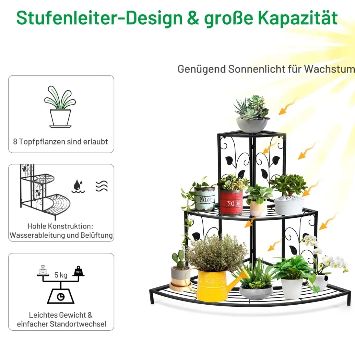 3-stöckiger Eck-Pflanzenständer aus Metall treppenförmiger Blumentopfhalter hübsches Pflanzenregal mit Blattmustern