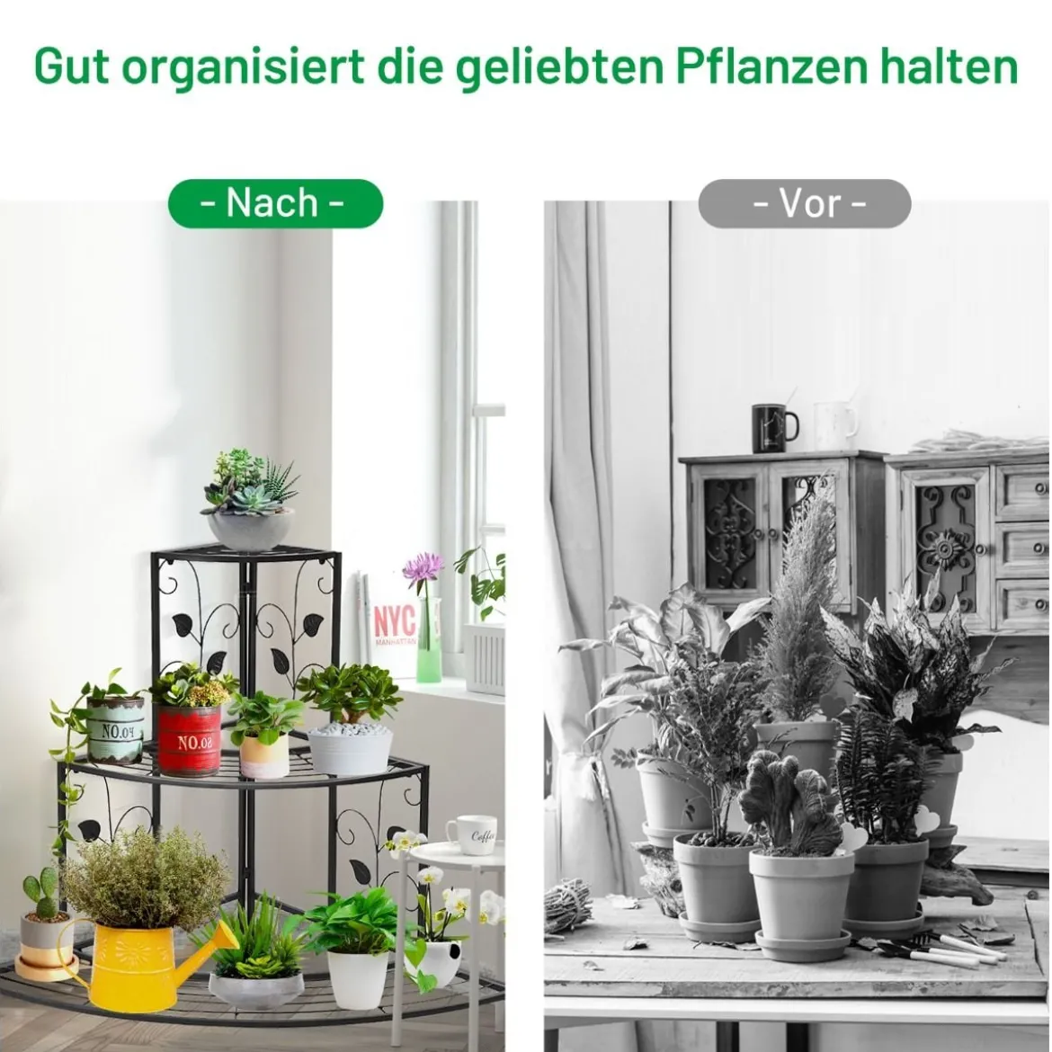 3-stöckiger Eck-Pflanzenständer aus Metall treppenförmiger Blumentopfhalter hübsches Pflanzenregal mit Blattmustern
