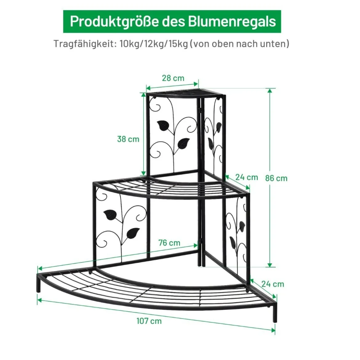 3-stöckiger Eck-Pflanzenständer aus Metall treppenförmiger Blumentopfhalter hübsches Pflanzenregal mit Blattmustern