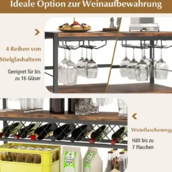 4-stöckiger Freistehender Weinregal mit Weinkeller & 4 Reihen Glashalter Weinbar Tisch