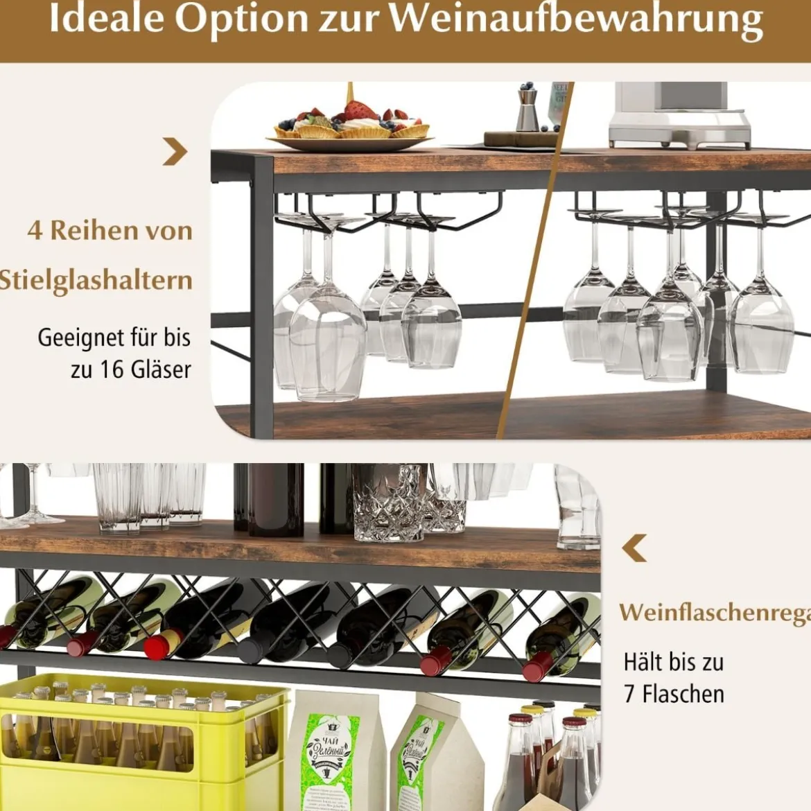 4-stöckiger Freistehender Weinregal mit Weinkeller & 4 Reihen Glashalter Weinbar Tisch