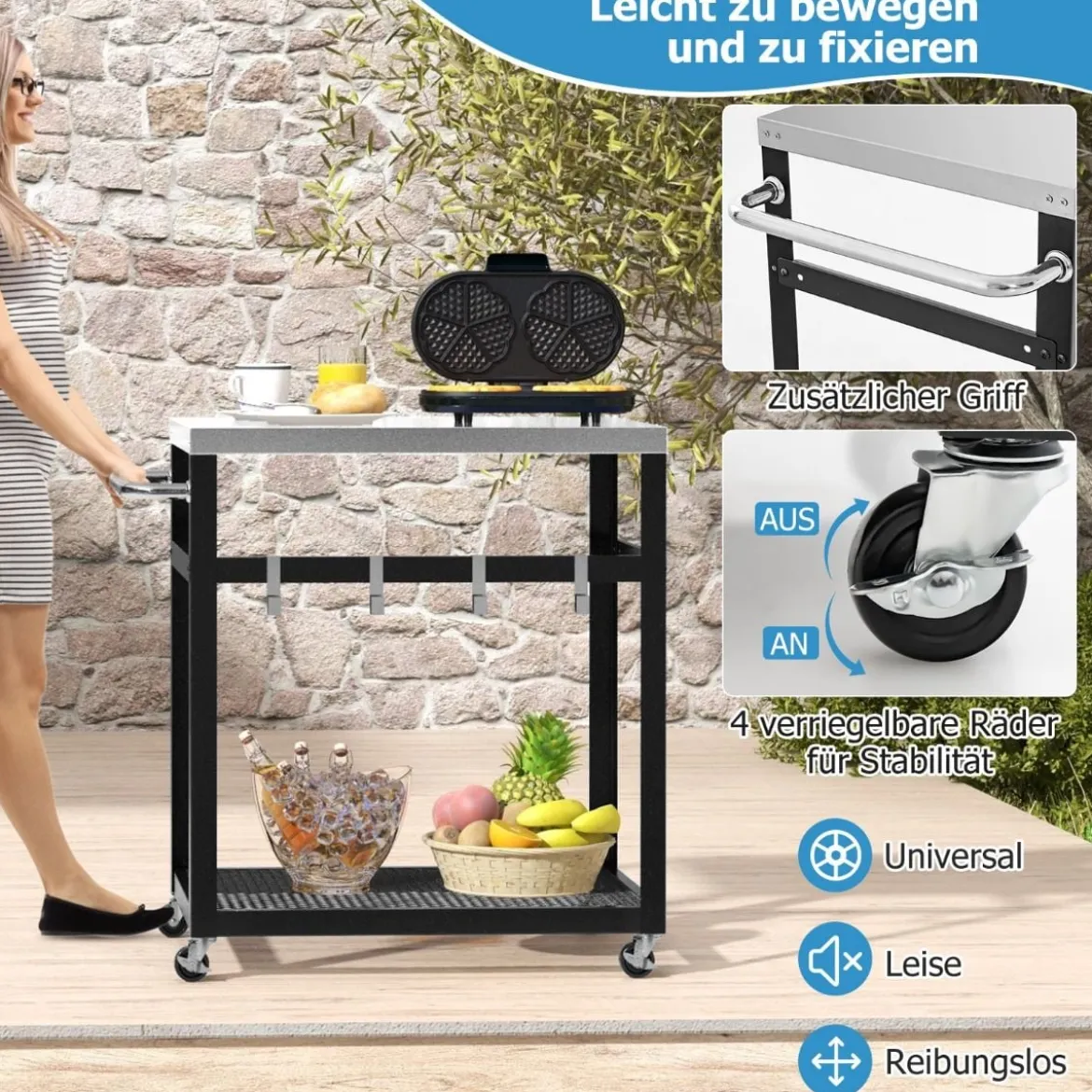 2-stöckiger Grillwagen aus Edelstahl mit Rädern & Griff & Haken Outdoor-Wagen Arbeitstisch