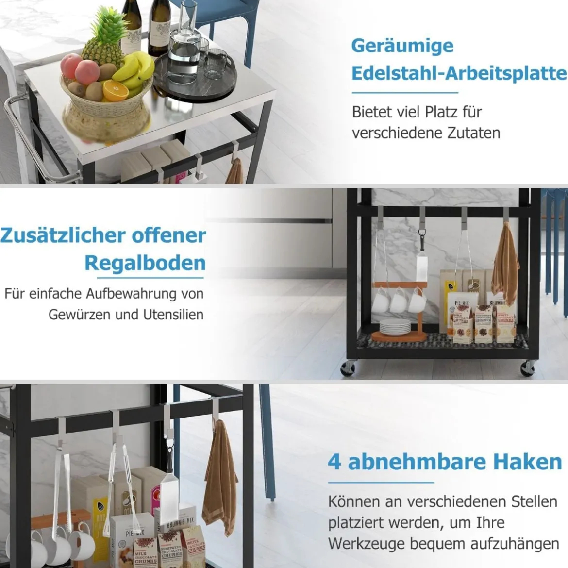 2-stöckiger Grillwagen aus Edelstahl mit Rädern & Griff & Haken Outdoor-Wagen Arbeitstisch