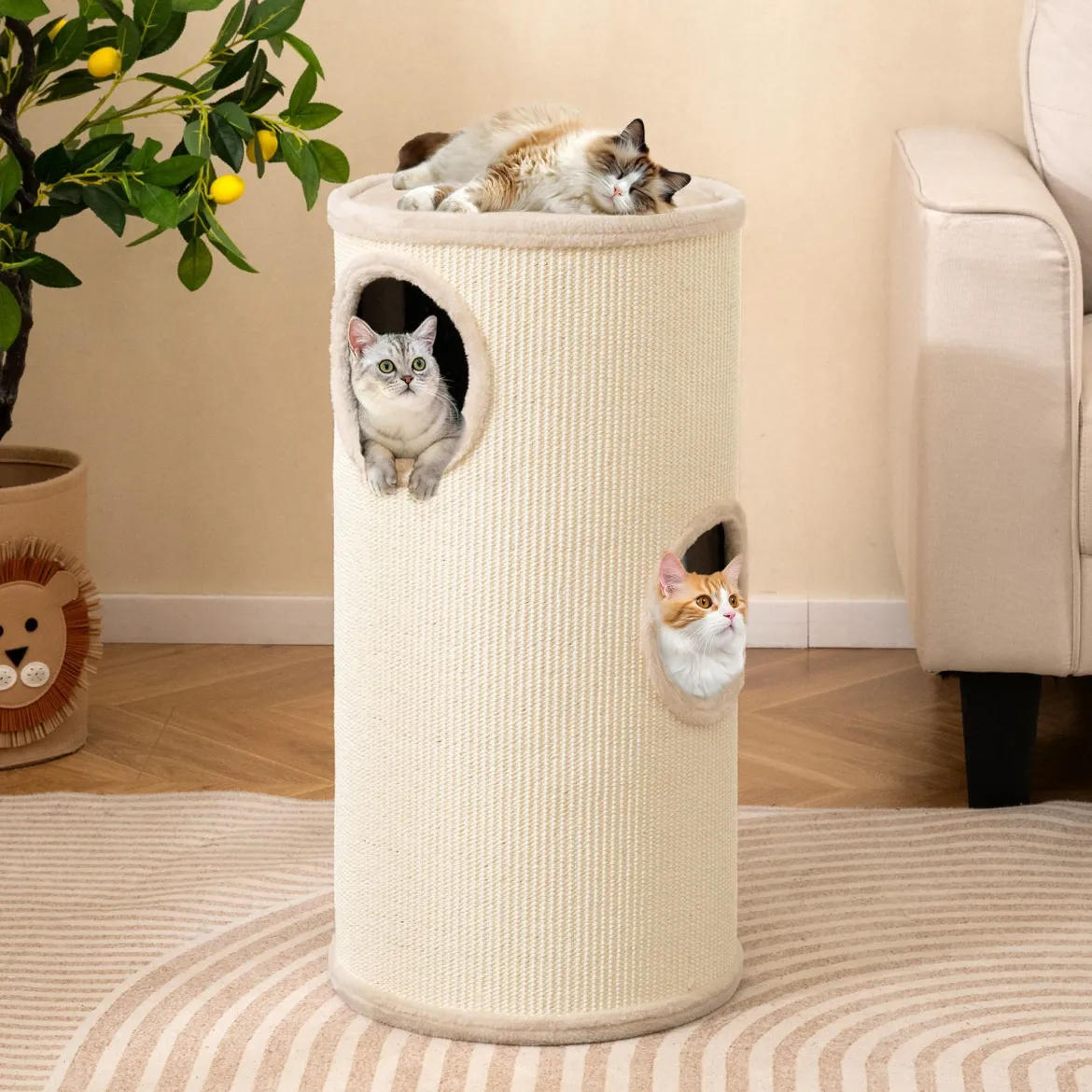 4-stöckiger Katzenkratzbaum Mehrstöckiges Katzenhaus mit Sisal-Kratzbrett Kuscheligem Schlafplatz Beige