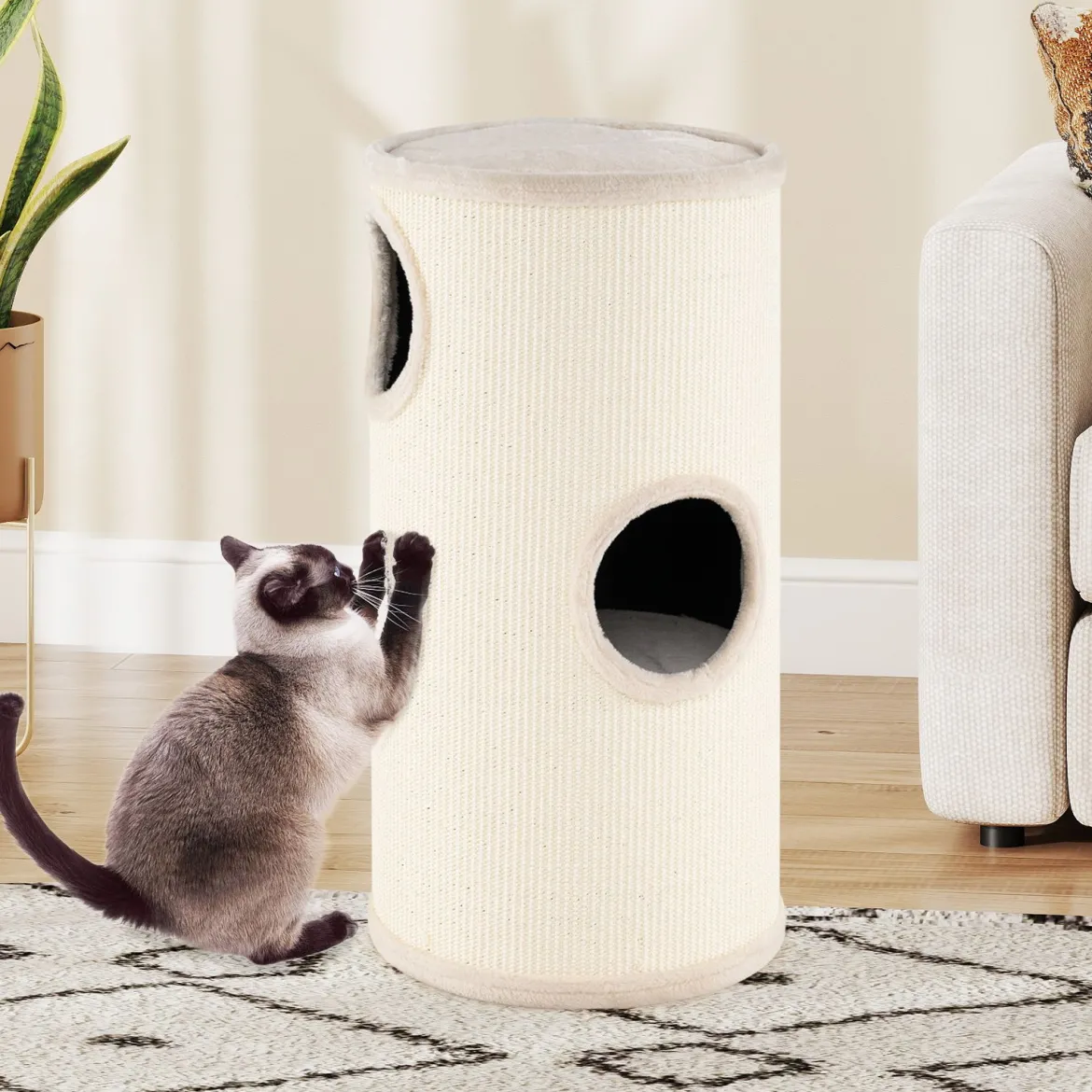 4-stöckiger Katzenkratzbaum Mehrstöckiges Katzenhaus mit Sisal-Kratzbrett Kuscheligem Schlafplatz Beige