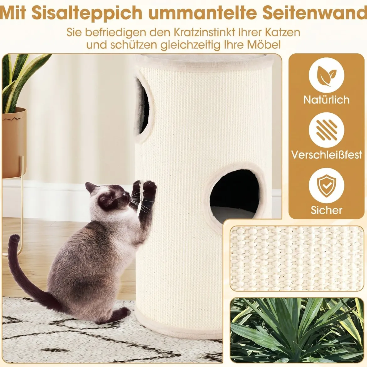 4-stöckiger Katzenkratzbaum Mehrstöckiges Katzenhaus mit Sisal-Kratzbrett Kuscheligem Schlafplatz Beige