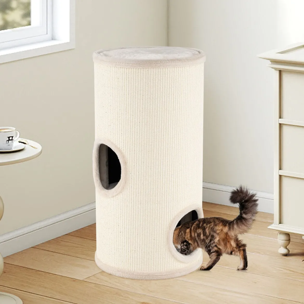 4-stöckiger Katzenkratzbaum Mehrstöckiges Katzenhaus mit Sisal-Kratzbrett Kuscheligem Schlafplatz Beige