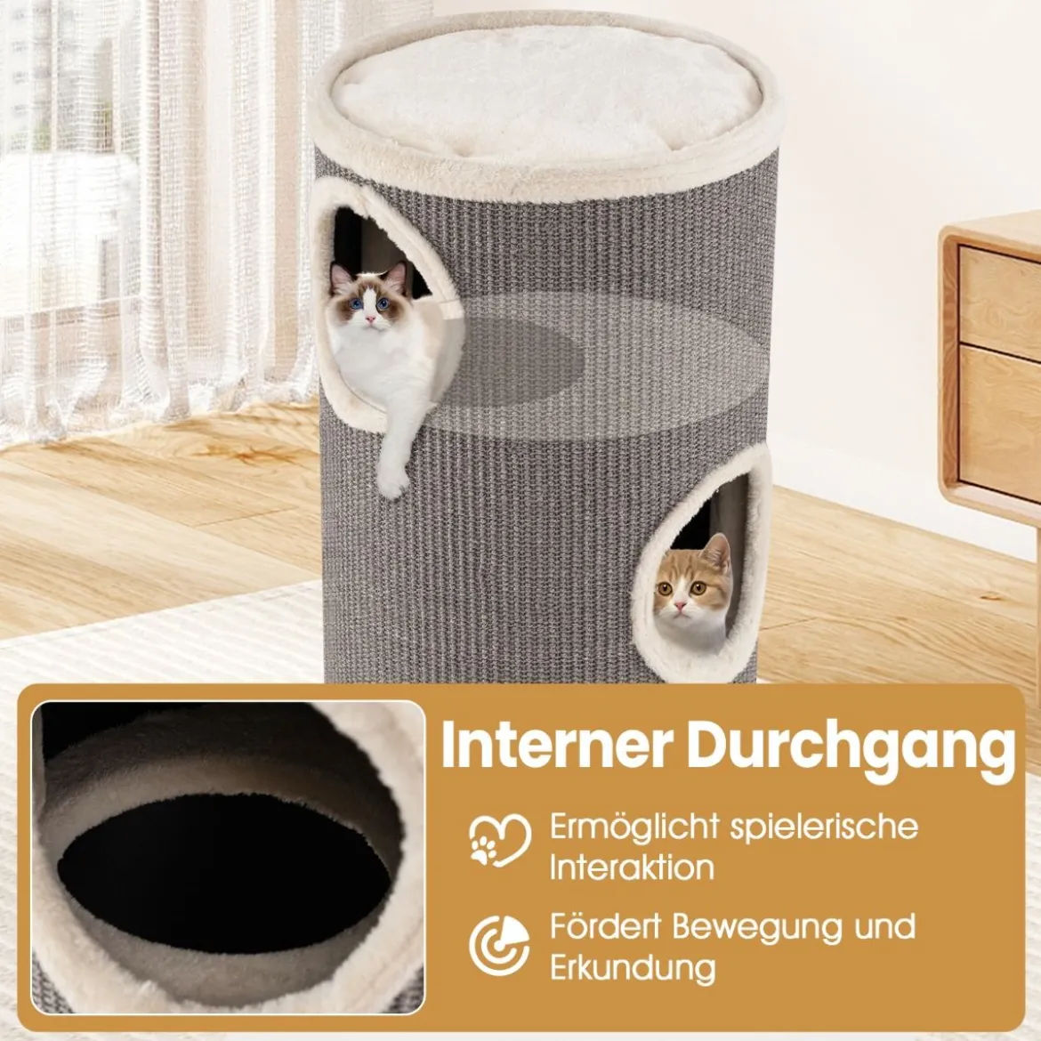 4-stöckiger Katzenkratzbaum mehrstöckiges Katzenhaus mit Sisal-Kratzbrett kuscheligem Schlafplatz fassförmiger Katzenturm Grau