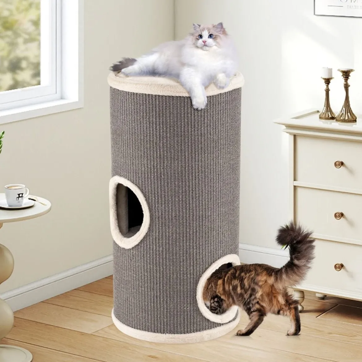 4-stöckiger Katzenkratzbaum mehrstöckiges Katzenhaus mit Sisal-Kratzbrett kuscheligem Schlafplatz fassförmiger Katzenturm Grau