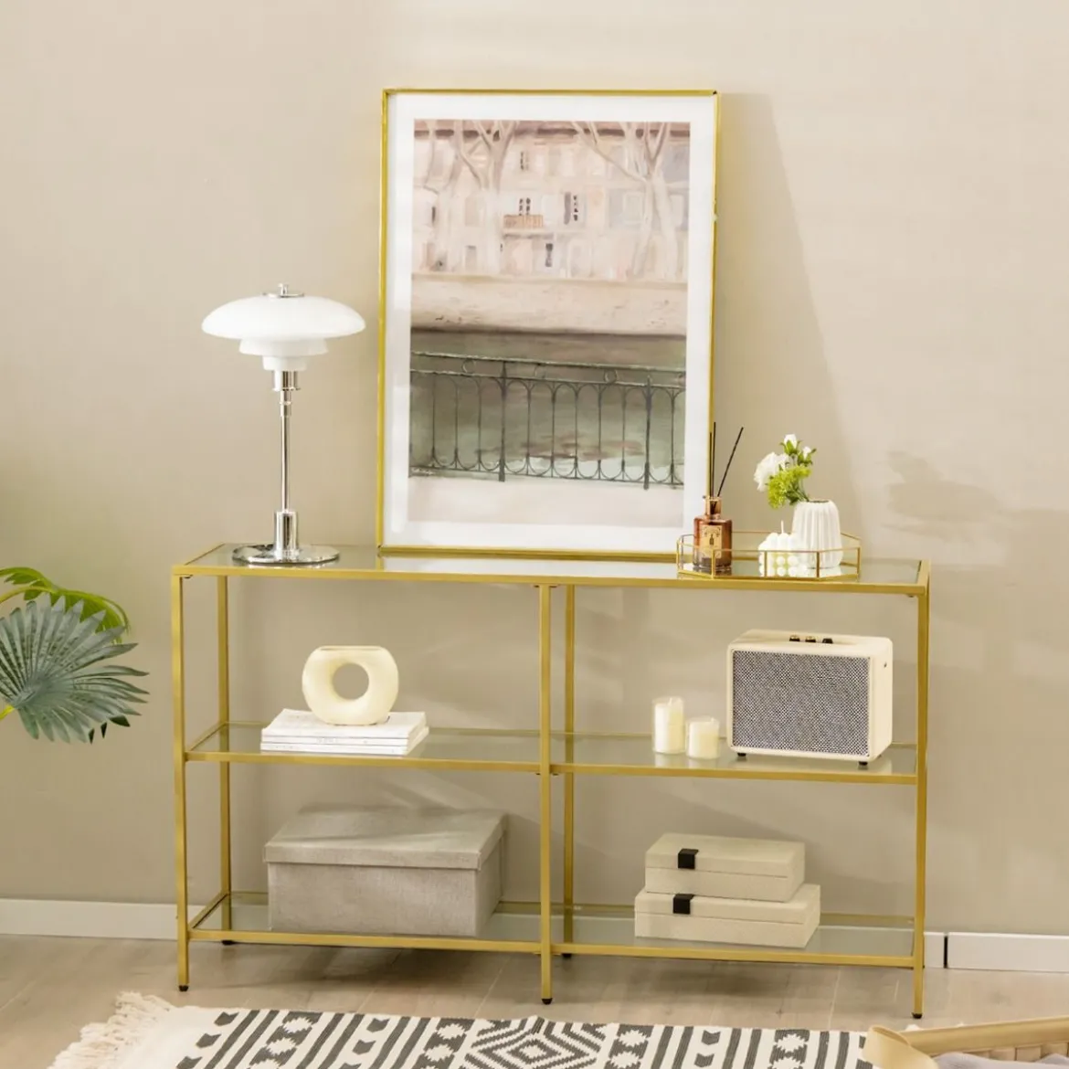 3-Stöckiger Konsolentisch aus Glas Glastisch mit Ablage 130 x 30 x 73 cm Gold