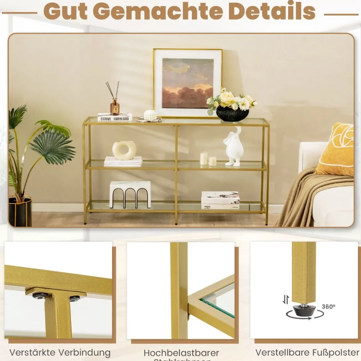 3-Stöckiger Konsolentisch aus Glas Glastisch mit Ablage 130 x 30 x 73 cm Gold