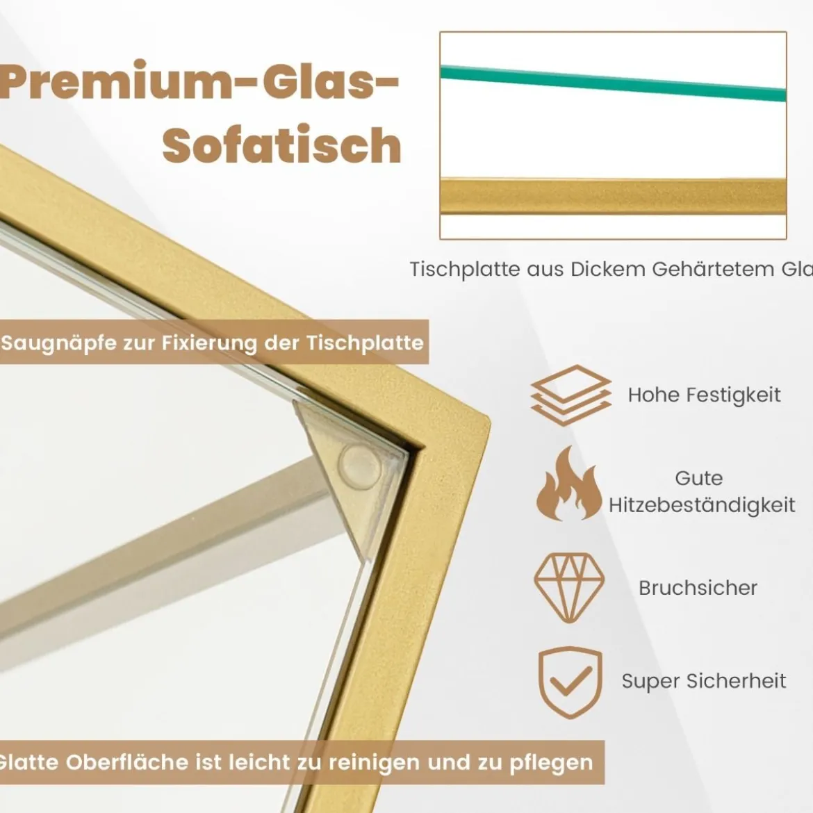 3-Stöckiger Konsolentisch aus Glas Glastisch mit Ablage 130 x 30 x 73 cm Gold