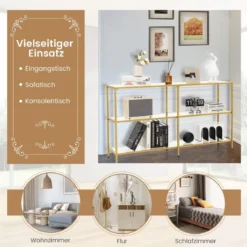 3-Stöckiger Konsolentisch aus Glas Glastisch mit Ablage 130 x 30 x 73 cm Gold