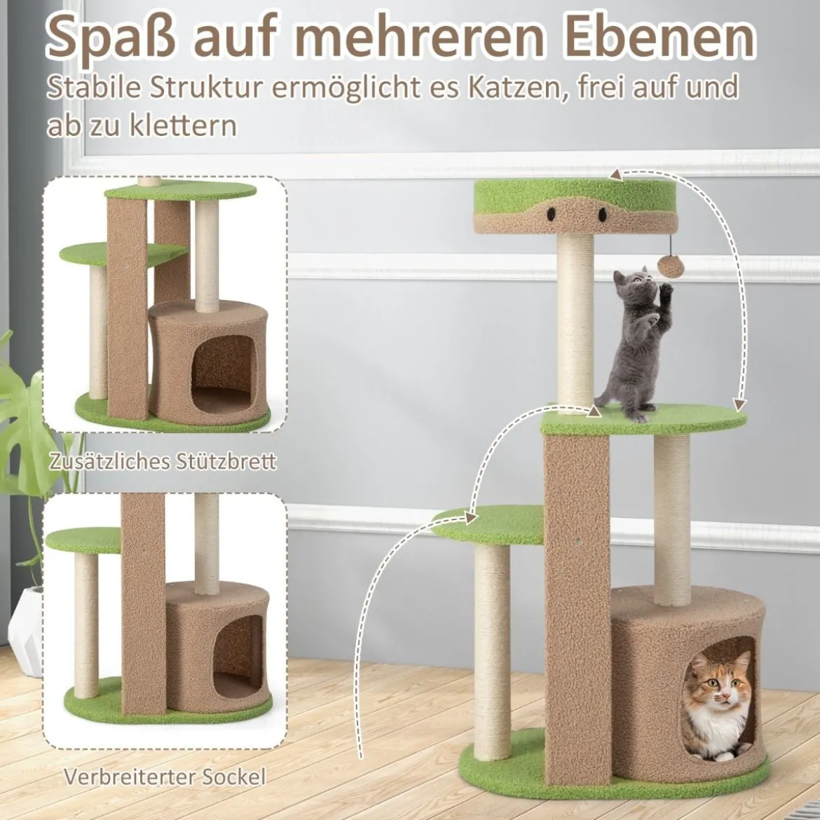 5-stöckiger Kratzbaum aus Holz & Plüschstoff mit Sitzplattform & Ball & Katzenhöhle & Sisalpfosten