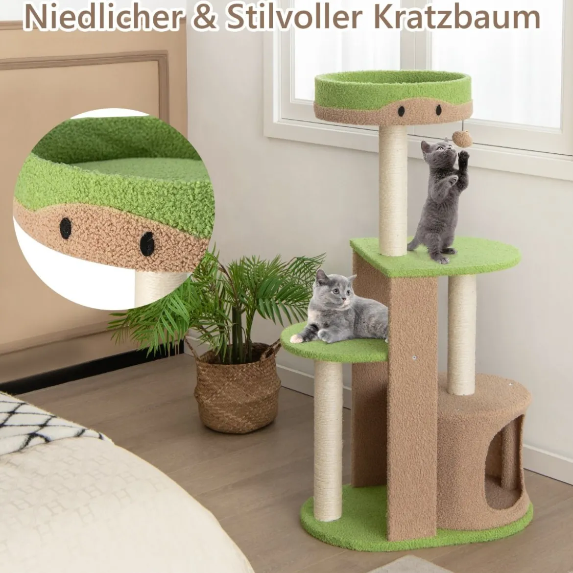 5-stöckiger Kratzbaum aus Holz & Plüschstoff mit Sitzplattform & Ball & Katzenhöhle & Sisalpfosten