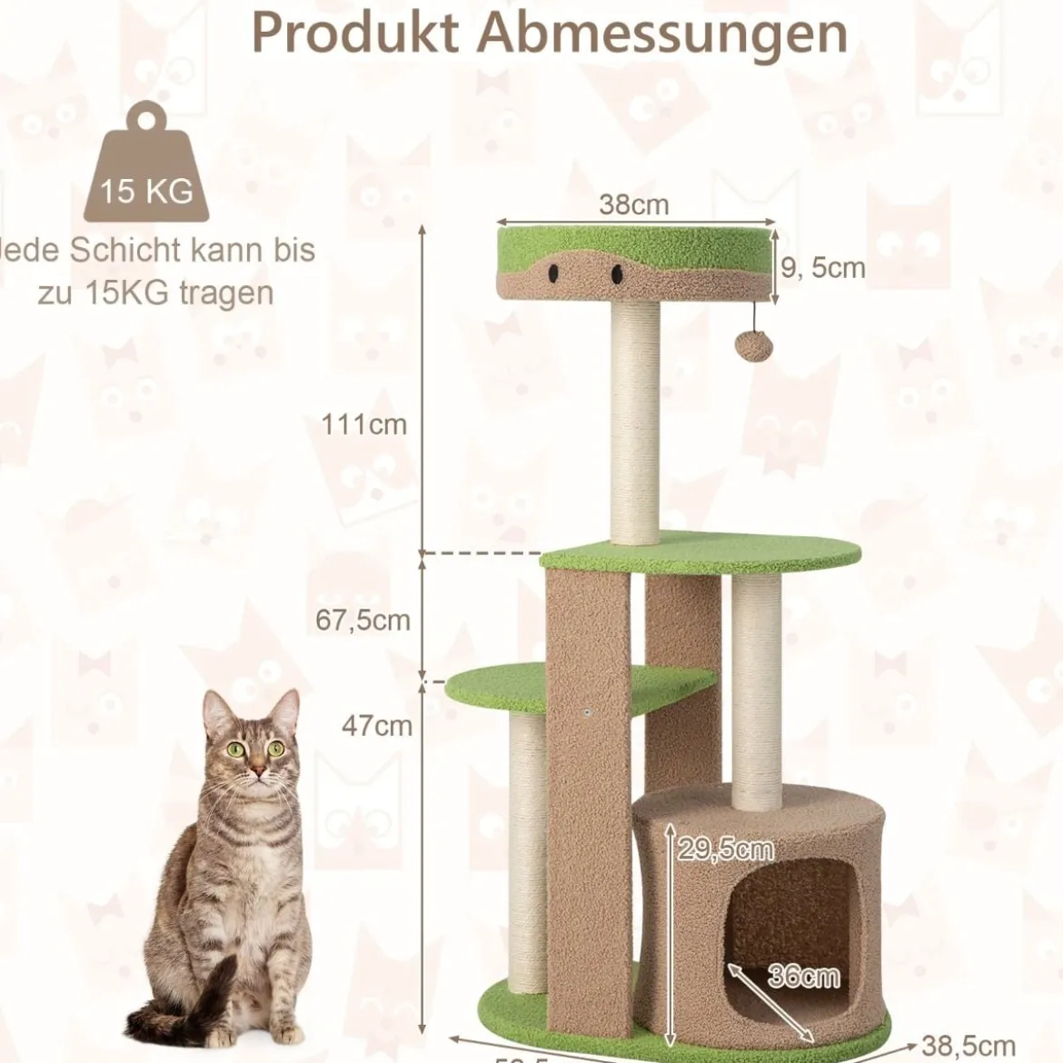 5-stöckiger Kratzbaum aus Holz & Plüschstoff mit Sitzplattform & Ball & Katzenhöhle & Sisalpfosten