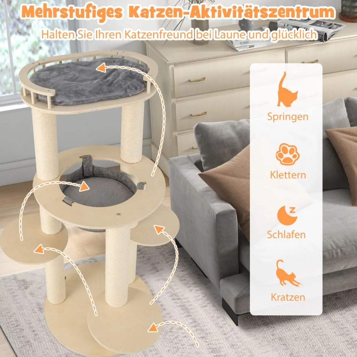 6-stöckiger Kratzbaum Holz Katzenbaum mit Hängematte & 4 Liegeflächen & 3 Kratzsäulen 66 x 66 x 150 cm