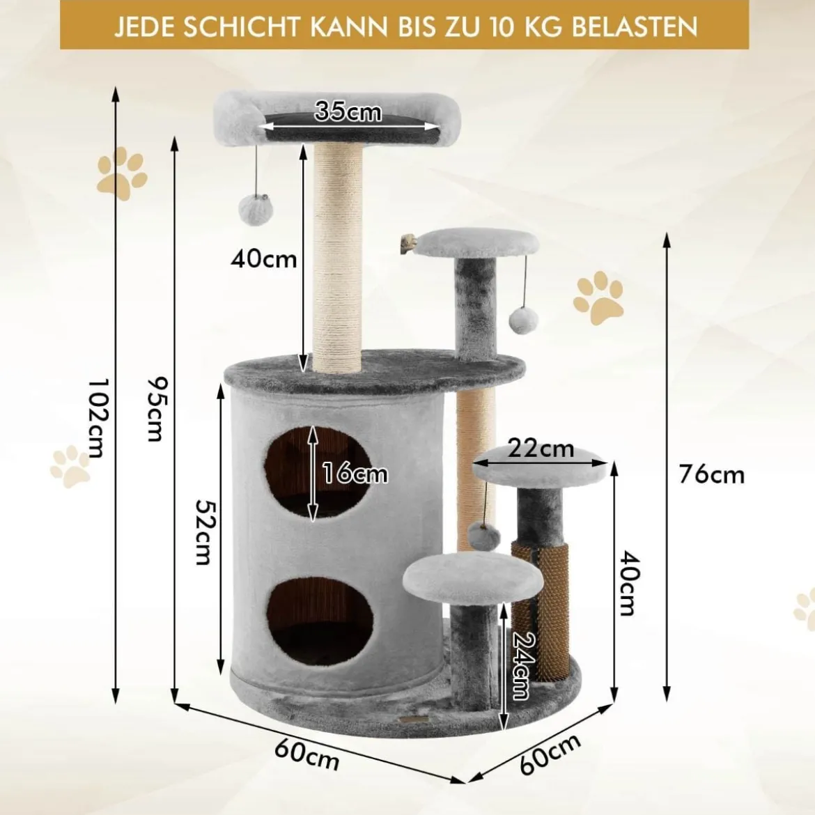 6-Stöckiger Kratzbaum Katzenbaum mit Sisalpfosten für Ruhe und Spaß Grau