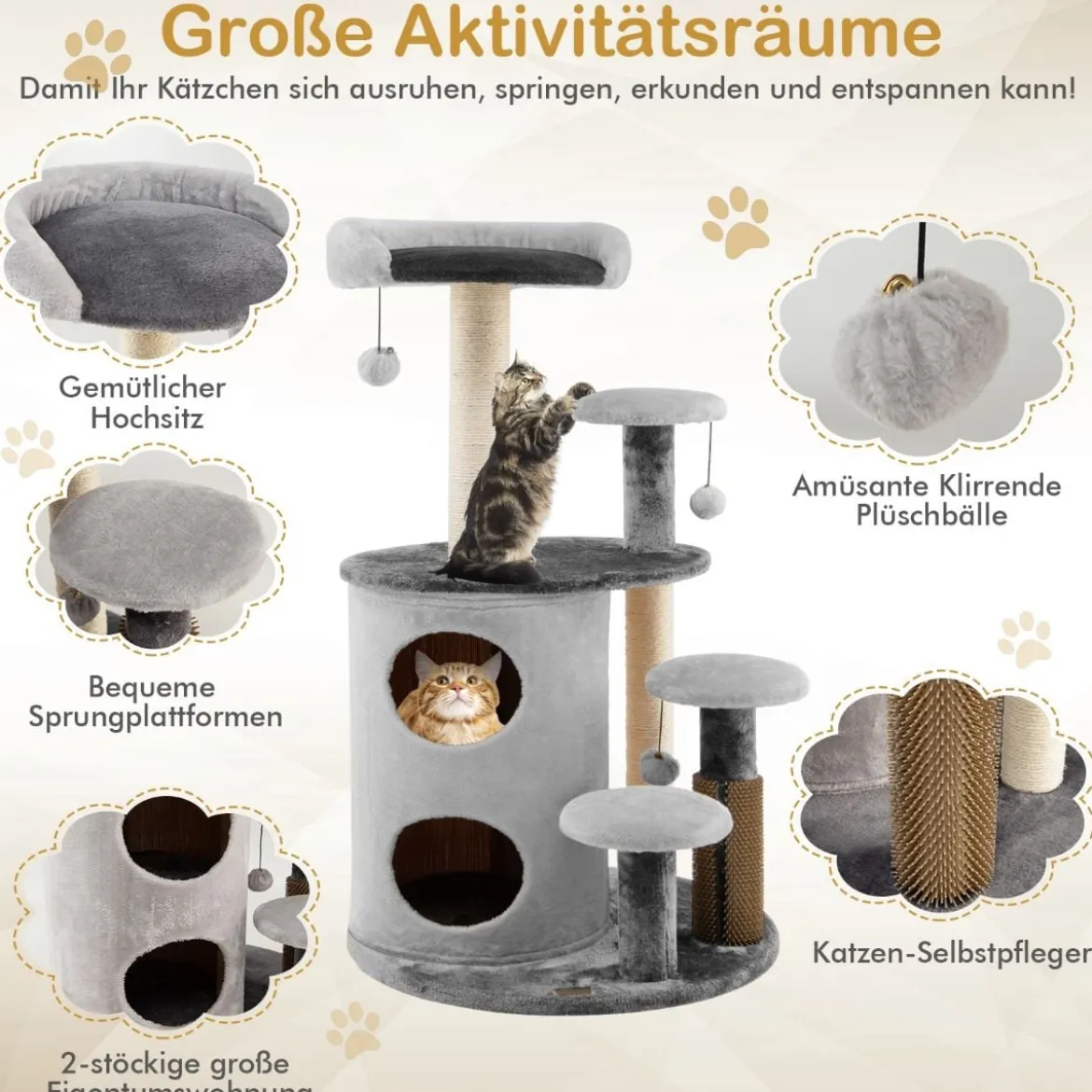 6-Stöckiger Kratzbaum Katzenbaum mit Sisalpfosten für Ruhe und Spaß Grau