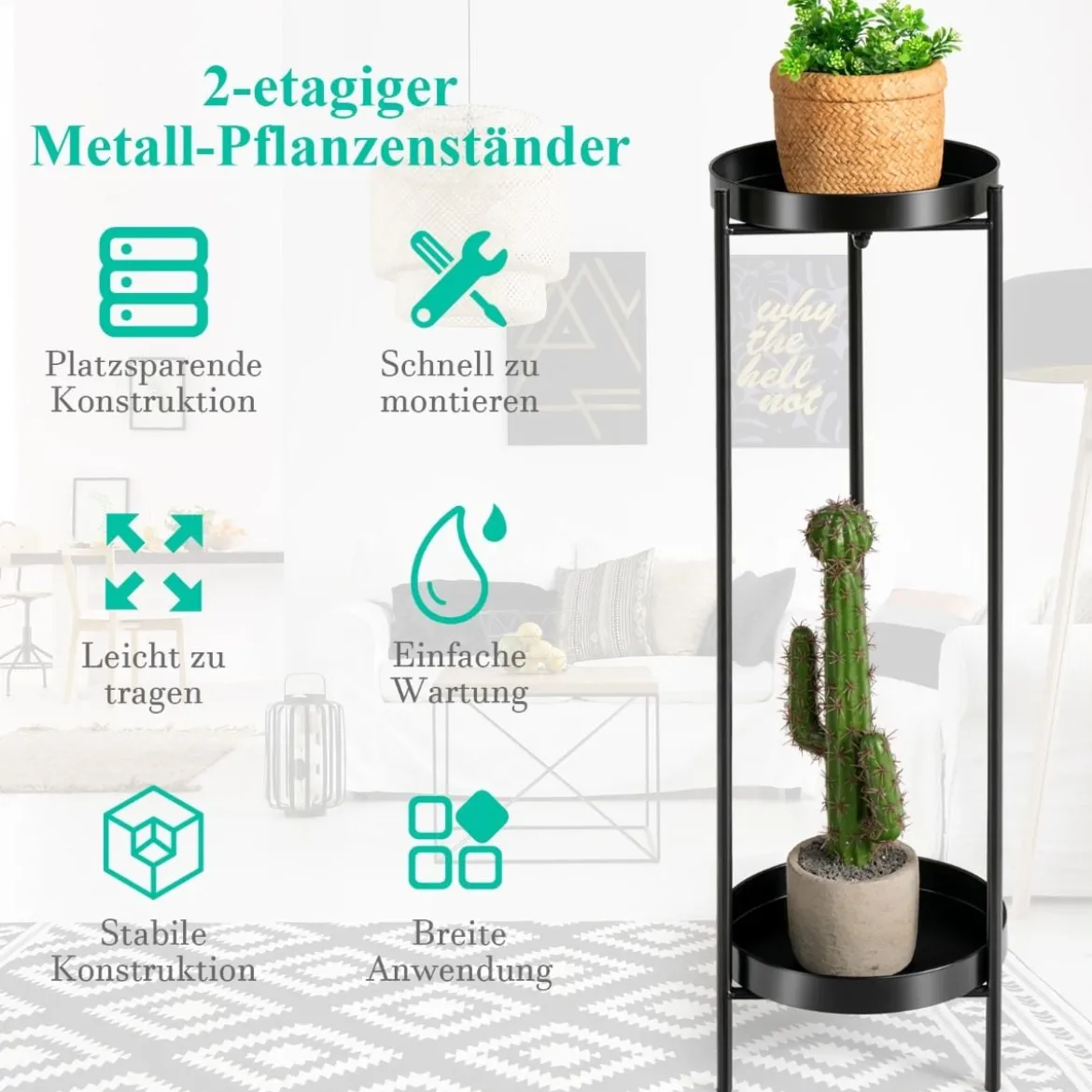 2-stöckiger Metall-Pflanzenständer Moderner Pflanzenständer Ø25 x 80 cm Schwarz
