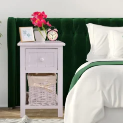 2-Stöckiger Nachttisch aus Holz mit Schublade und Korb stilvollenund modernen Design Ideal für das Schlaf- und Wohnzimmer Weiß