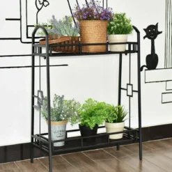 2-stöckiger Pflanzenständer aus Metall freistehendes Blumenregal Standregal Schwarz