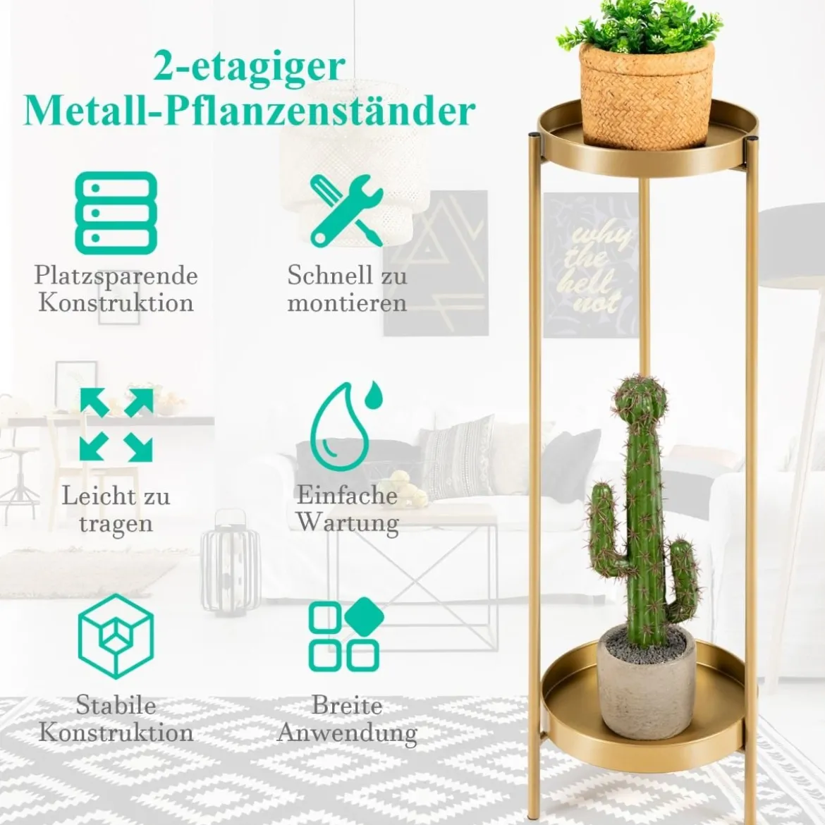 2-stöckiger Pflanzenständer aus Metall Moderner Blumenständer mit Ablage 25 x 80 cm Golden